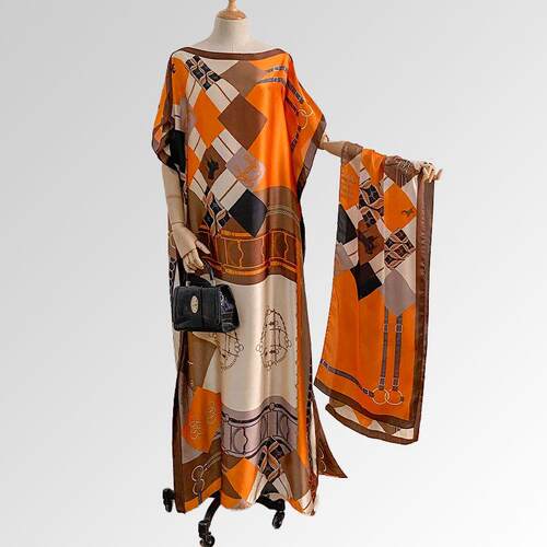 Women'S Pheasant Print Long Sleeve Open Front Cape Dress &