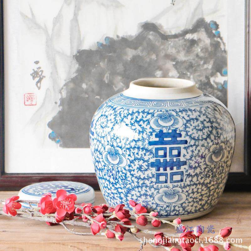 青花冬瓜罐喜字坛中式仿古做旧陶瓷储物罐新中式现代风格摆件