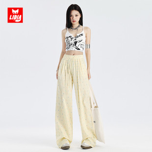 多巴胺格纹波点阔腿裤女2025夏季新款小众设计休闲直筒薄款长裤