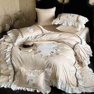法式韩式清新复古贡缎花卉长绒棉四件套高端刺绣花边被套床单床品
