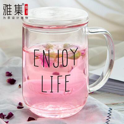 雅集茶具玻璃杯把手女花茶杯泡茶杯家用办公水杯带盖子耐热玻璃茶