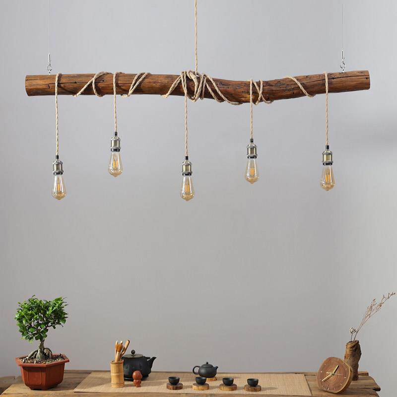 覆古实木餐厅吊灯民宿茶室吧台侘寂风树枝一字长条灯创意餐桌灯具