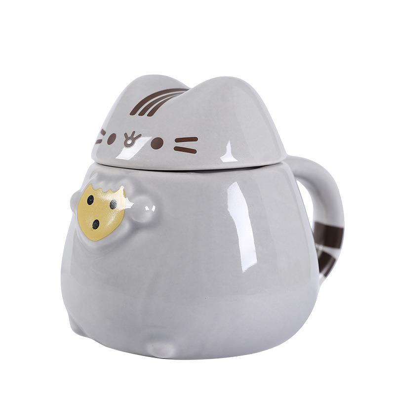 新款直销严选跨境胖吉猫杯灰色带盖杯子胖猫陶瓷马克杯卡通龙猫水