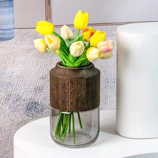 北欧风花瓶摆件客厅干花插花花束客厅摆设ins风木头玻璃花瓶网红