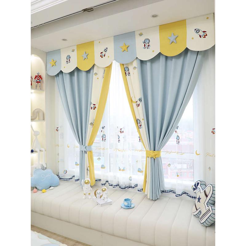 现代地中海英伦风棉麻儿童房卧室飘窗短帘卡通男孩宇航员遮光窗帘