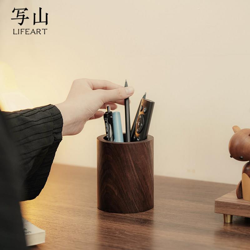黑胡桃实木笔筒办公室木质圆形轻奢遥控器梳子桌面收纳盒整理创意