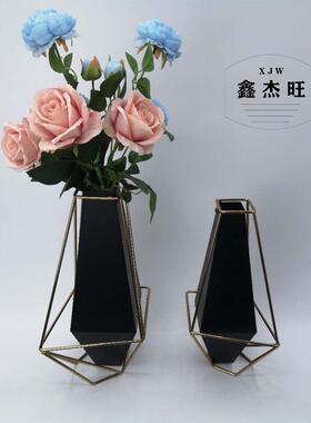 新中式几何金属花瓶摆件客厅玄关餐桌装饰品电视柜花器轻奢风铁艺