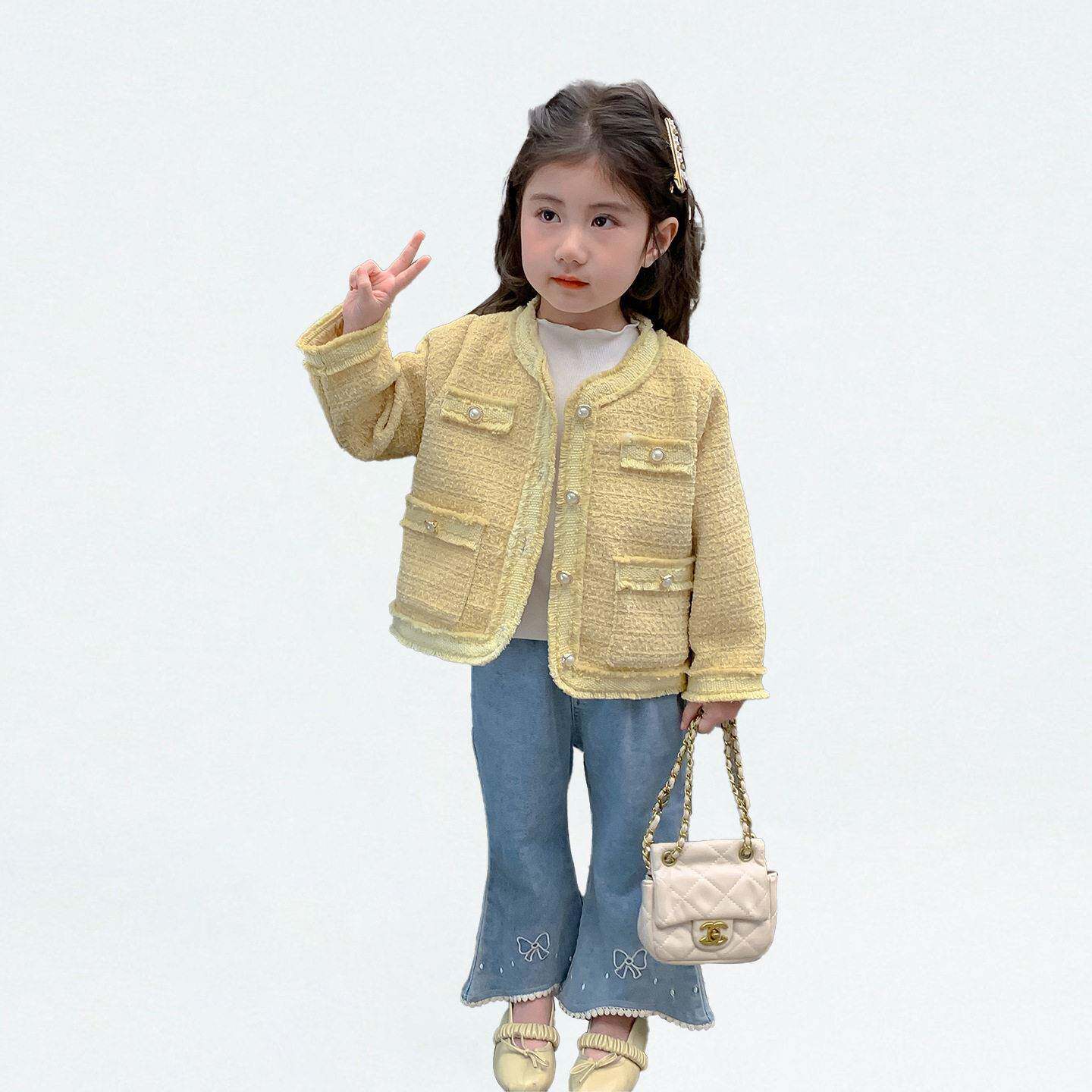 女童外套春秋款新款春季小香风上衣儿童春装女孩呢子纯色外套