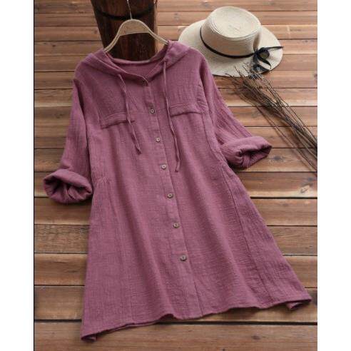 Cotton and linen women's top long sleeved hooded shirt