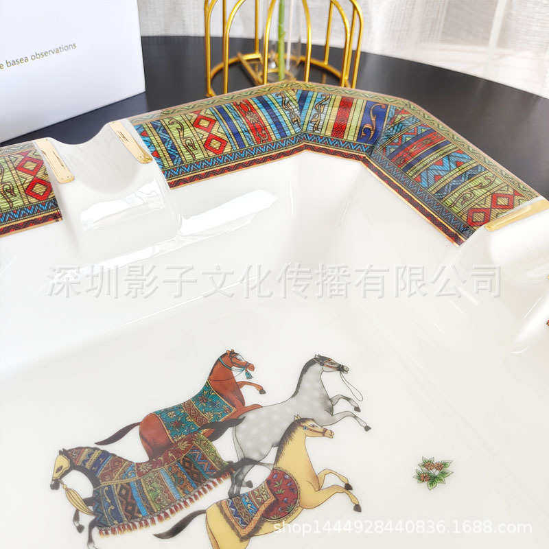 欧式复古八角陶瓷马图烟灰缸时尚创意客厅装饰摆件烟灰缸礼品