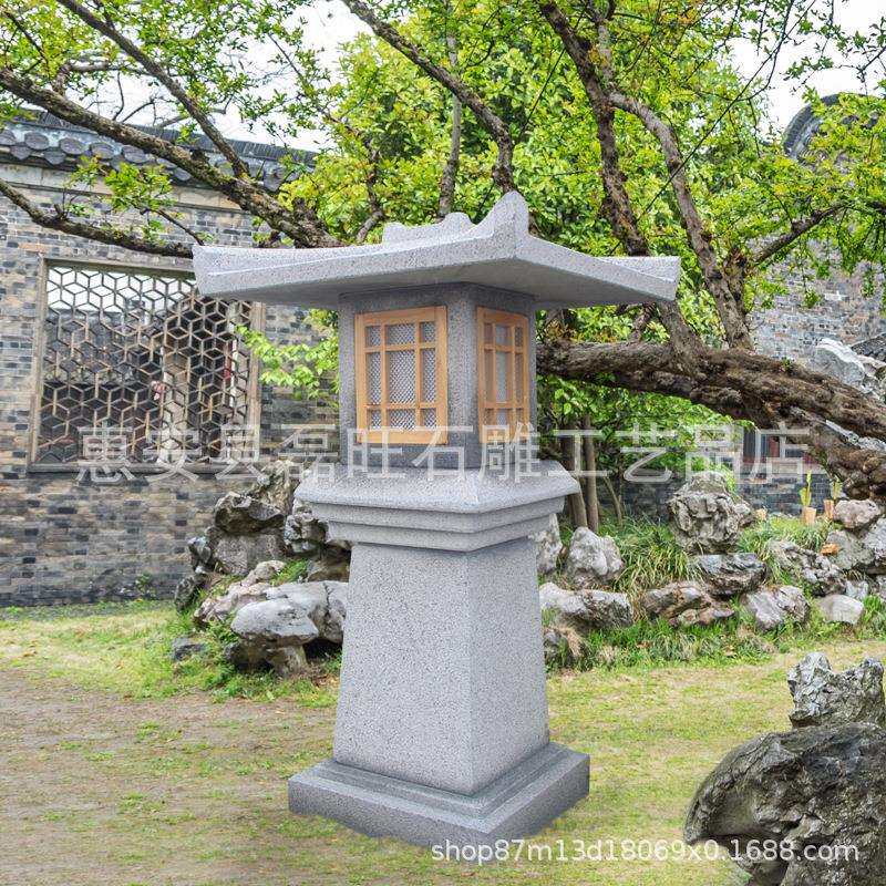 石雕柱头灯太阳能石灯笼现代风日式庭院广场大理石摆件草坪灯一对
