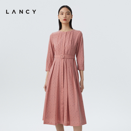 LANCY/朗姿2023春季绵羊毛连衣裙女收腰显瘦印花百褶中长裙子