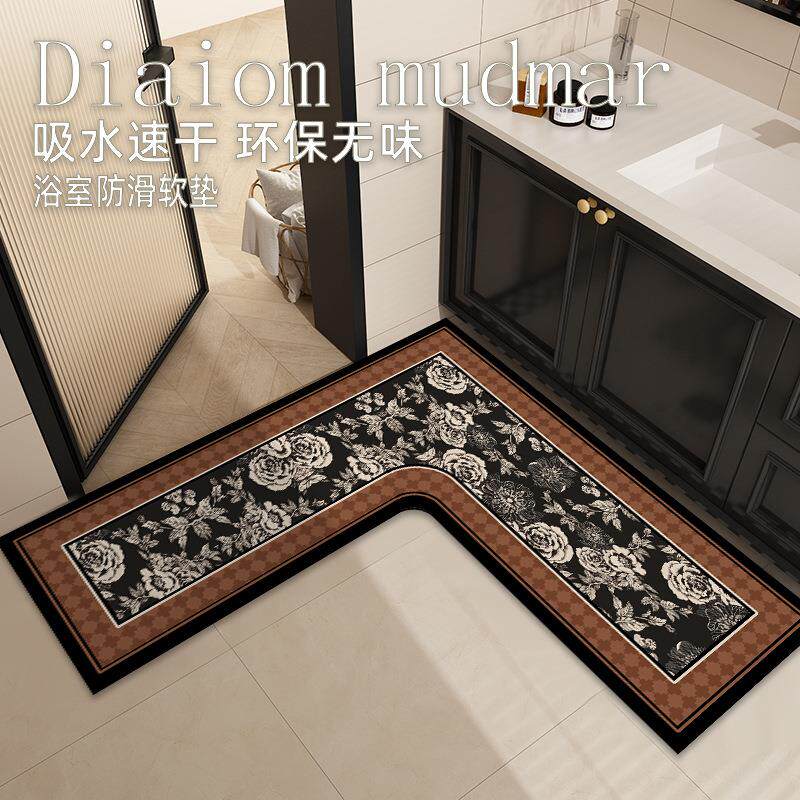 中古风浴室门口吸水防滑L型心形转角卫生间干区地垫高级感多材质