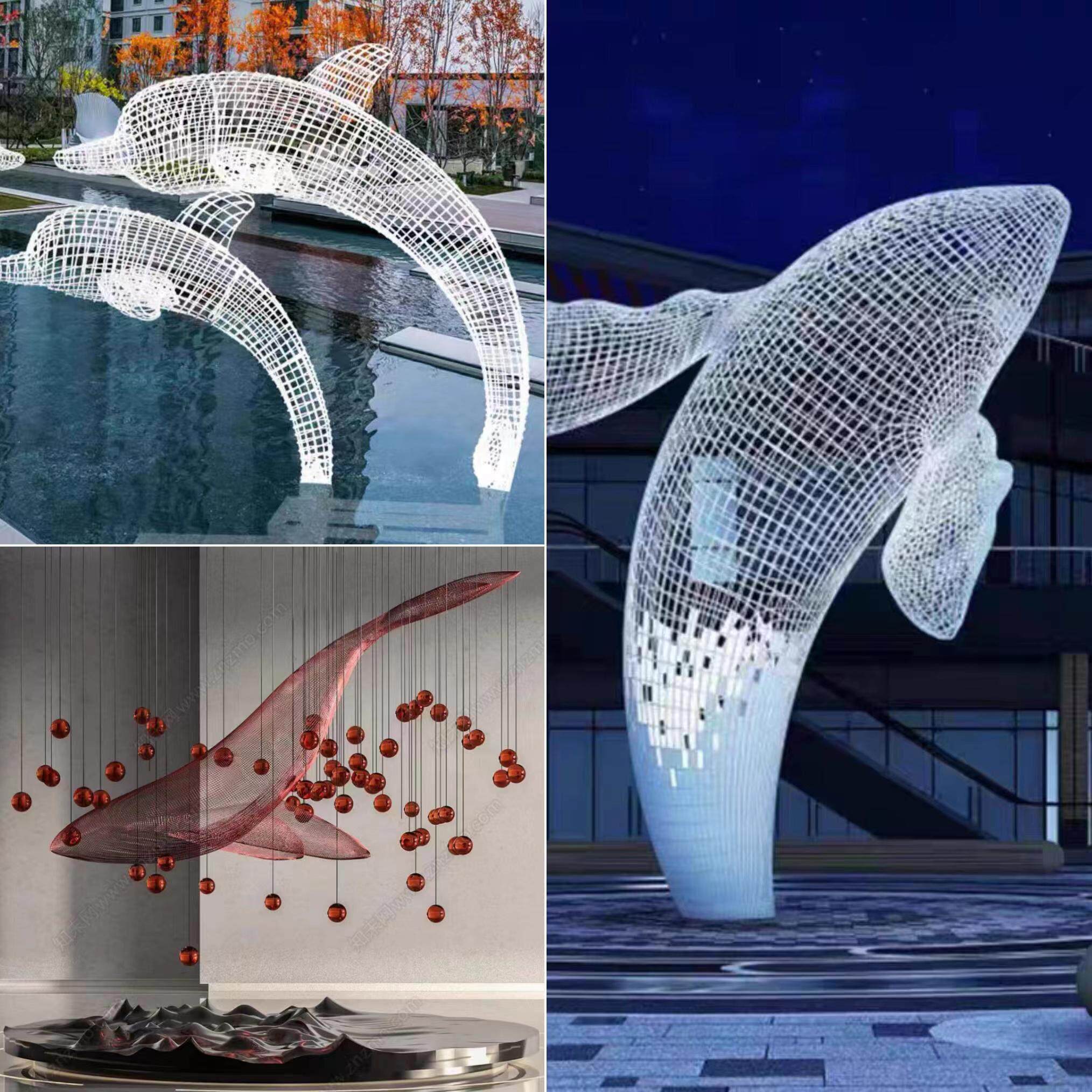 定制不锈钢铁艺鲸鱼海豚雕塑网格镂空编织金属展厅海洋动物摆件