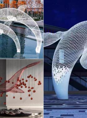 定制不锈钢铁艺鲸鱼海豚雕塑网格镂空编织金属展厅海洋动物摆件