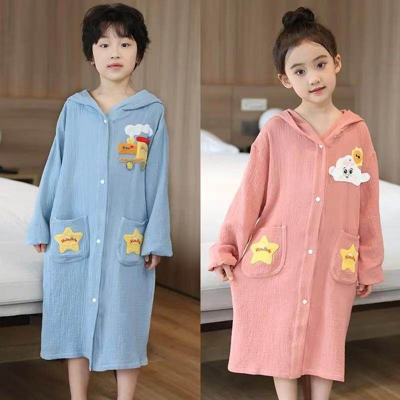 2025新款棉纱春夏季儿童浴巾游泳纱布连帽浴袍可穿吸水男孩女童