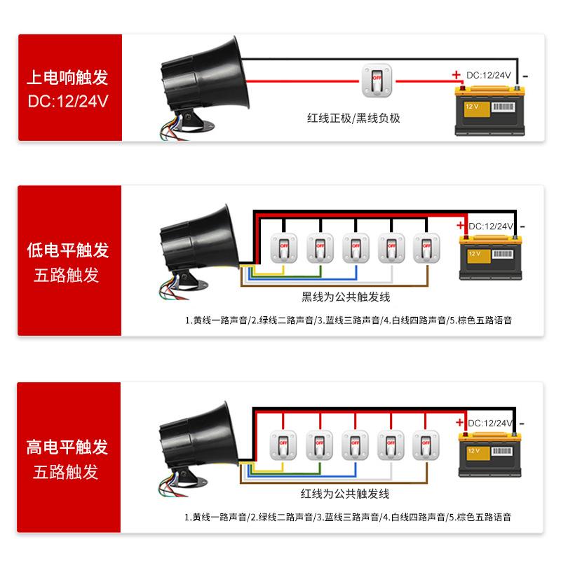 户外防叉行车多路语音报警喇叭12V车24V上电高低水电平601触发示