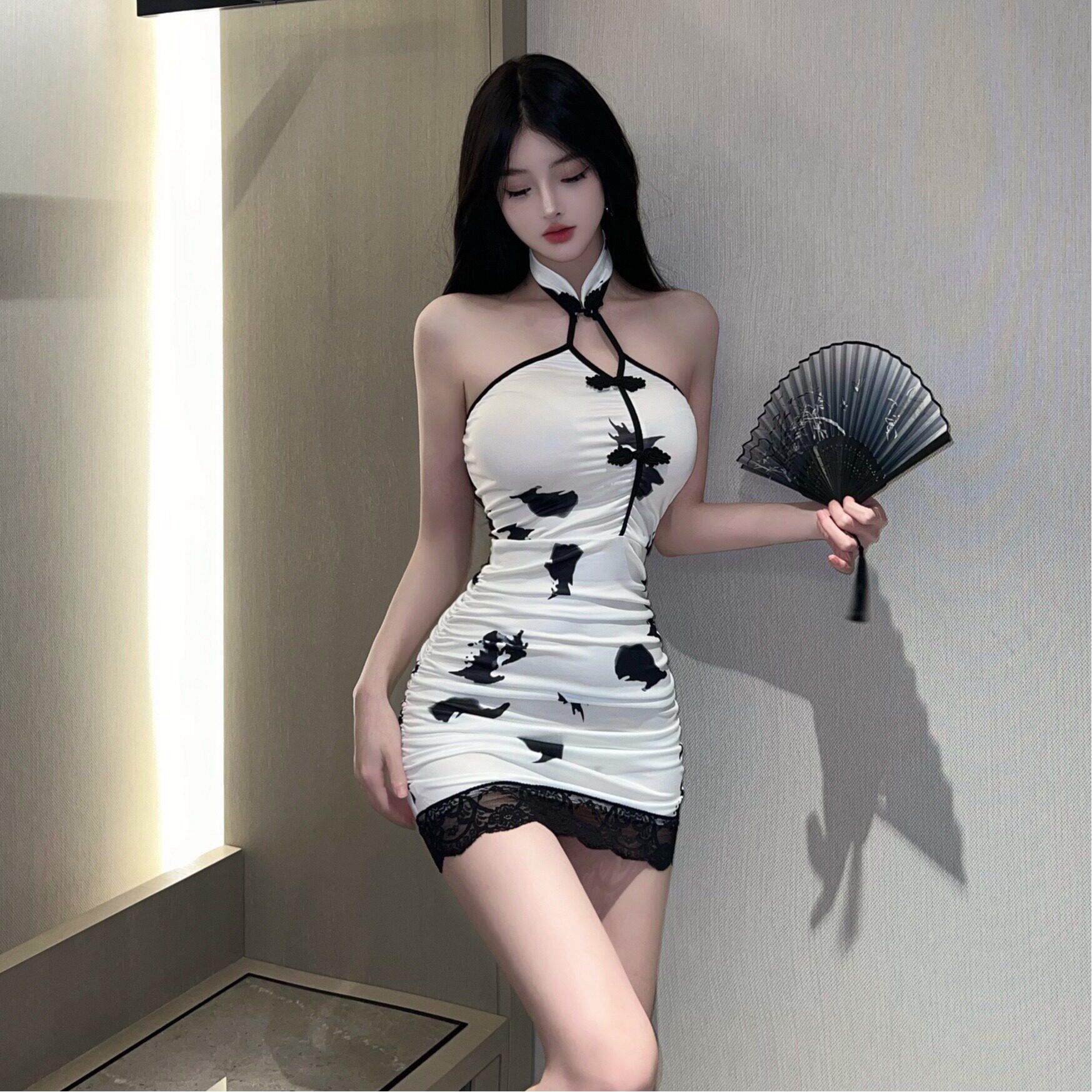 夜场女装性感印花改良式旗袍挂脖连衣裙纯欲辣妹风紧身包臀短裙子