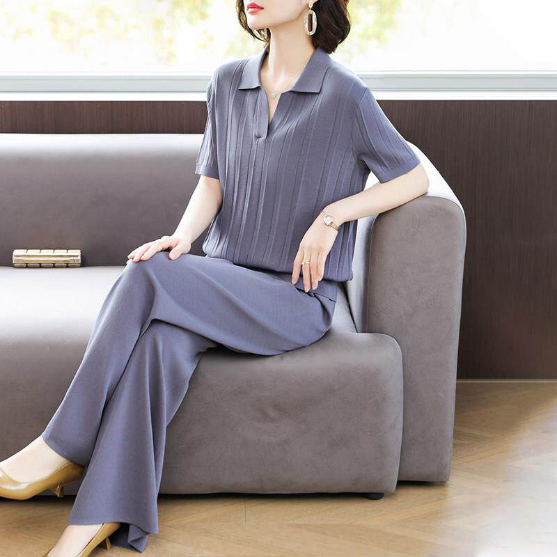 妈妈夏装短袖两件套真丝上衣2025新款中老年女夏季桑蚕丝运动套装