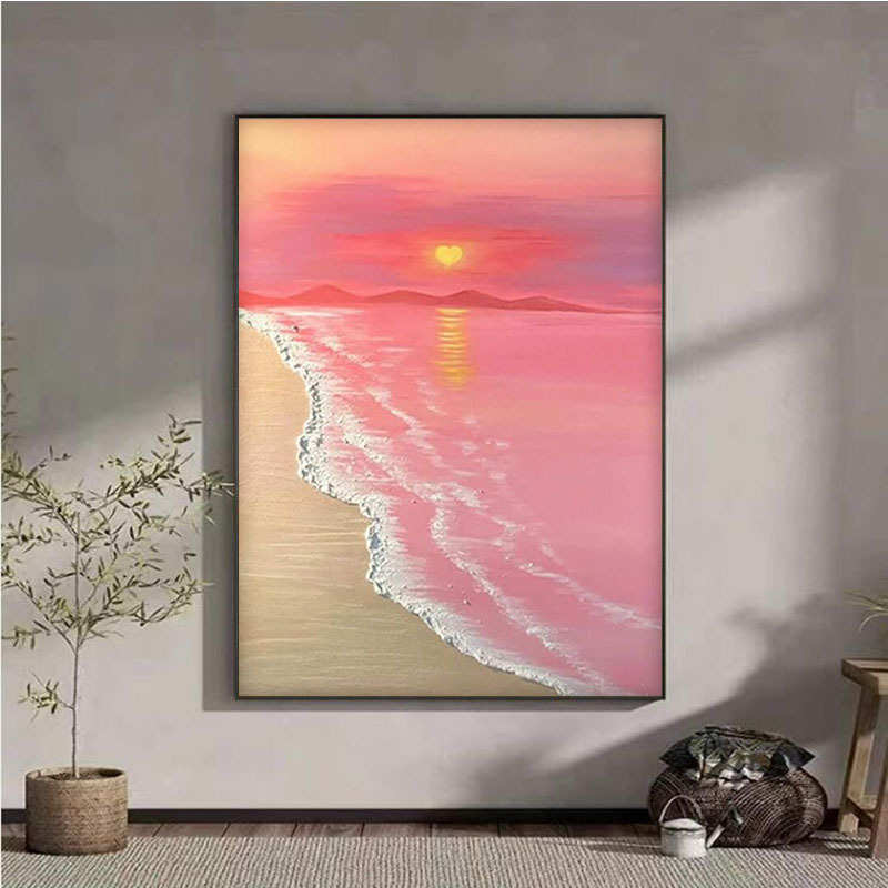 纯手绘油画沙滩海浪客厅装饰画现代玄关卧室挂画丙烯石英砂立体画图片