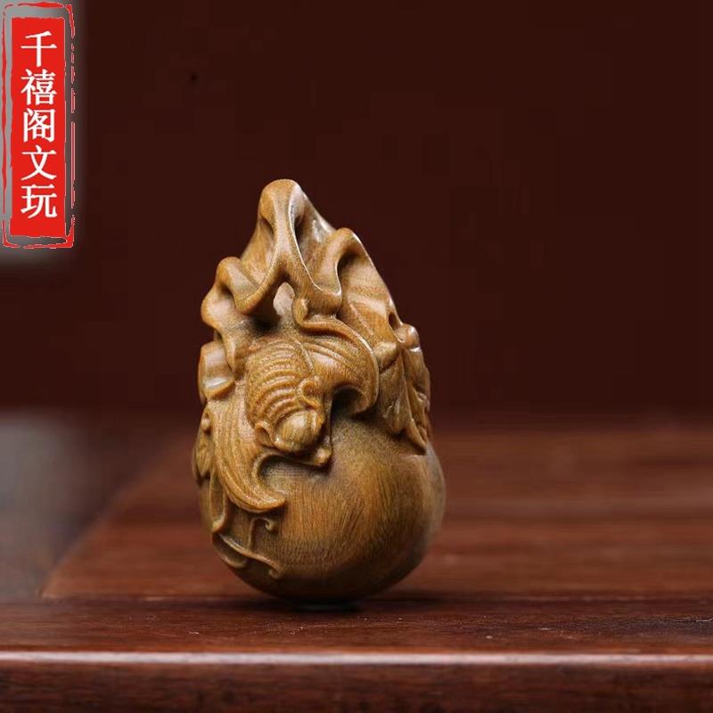 绿檀木雕葫芦手把件福报福禄创意文玩蝙蝠把玩件实木雕刻手捻葫芦