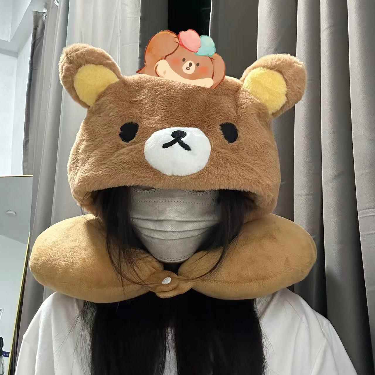 可爱轻松熊U型枕连帽靠枕脖子护颈枕旅行坐