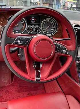 适用于宾利欧陆添越车型汽车改装转向盘红色全皮方向盘