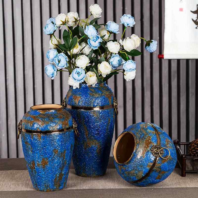 景德镇土化羽陶瓷花瓶蓝双耳别墅客厅酒店摆放插干花鲜花三件套