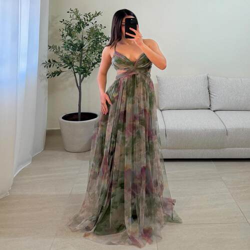 Women Summer Mesh Floral Dress Strap Party Vacation Dress