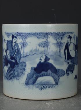 大清康熙年制青花竹林七贤笔筒 包老瓷器 旧货老货 收藏品