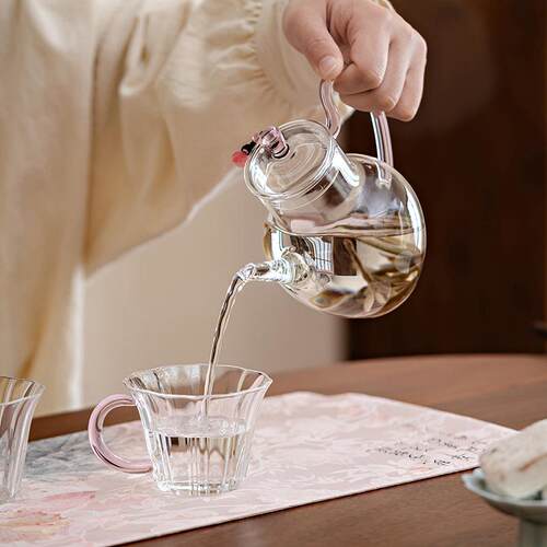 惊蛰少女粉耐热玻璃手抓茶壶高硼硅粉把茶杯分茶器夏日茶具女