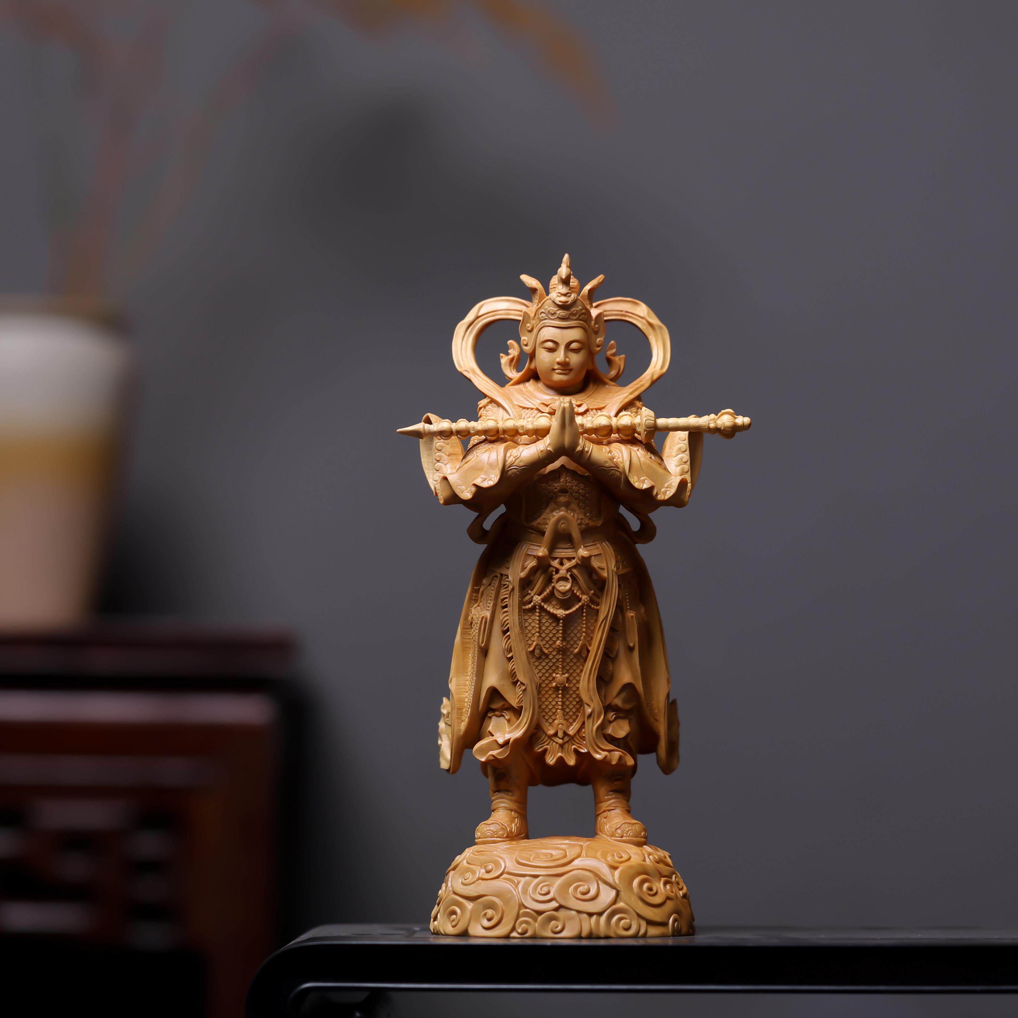 正宗小叶黄杨木精雕珈蓝韦陀尊者菩萨左右护发门神像工艺品摆饰