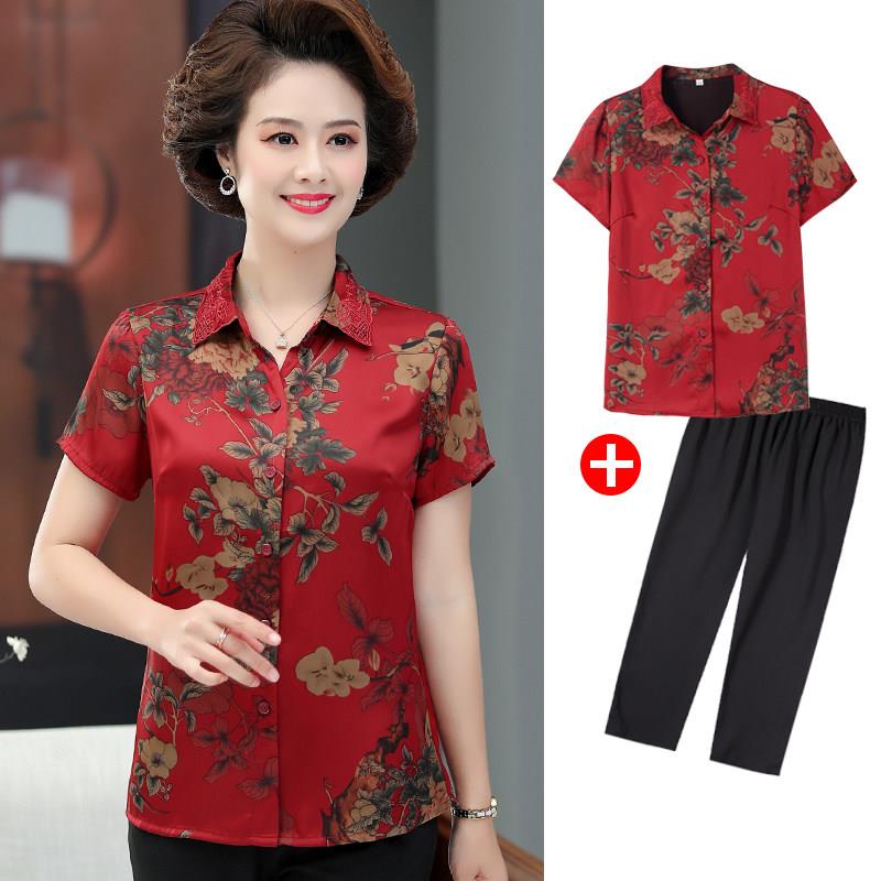 中老年人夏装女真丝衬衫 妈妈款T恤衬衫小个子上衣服奶奶短袖套装