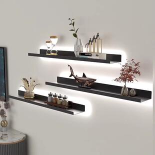 现代简约墙上一字隔板置物架层板书架铁艺发光客厅墙面壁挂展示架