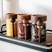 半宅实木盖玻璃储物罐杂粮佐料咖啡豆收纳罐旋转式 带勺厨房调味罐