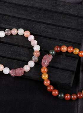 琦毅新款天然草莓晶雕刻貔貅手链福禄寿日光石手串闺蜜礼物女饰品