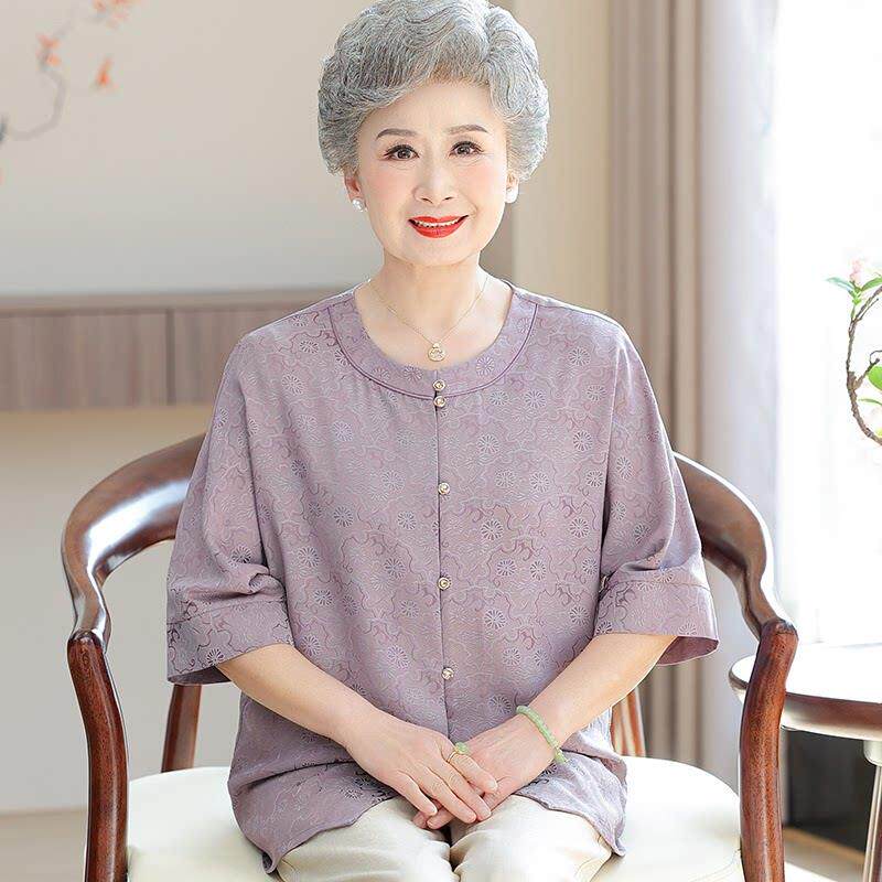 中老年人奶奶夏装桑蚕丝圆领衬衫女开衫两件套印花真丝立领上衣薄