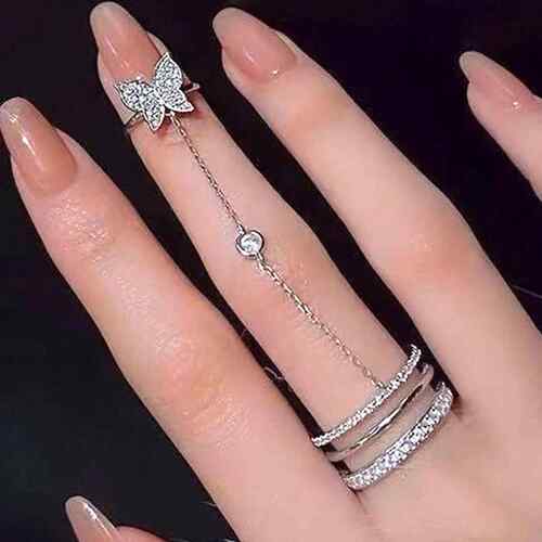Chain butterfly rings炼条蝴蝶戒指ins简约流苏炼条一体戒指开