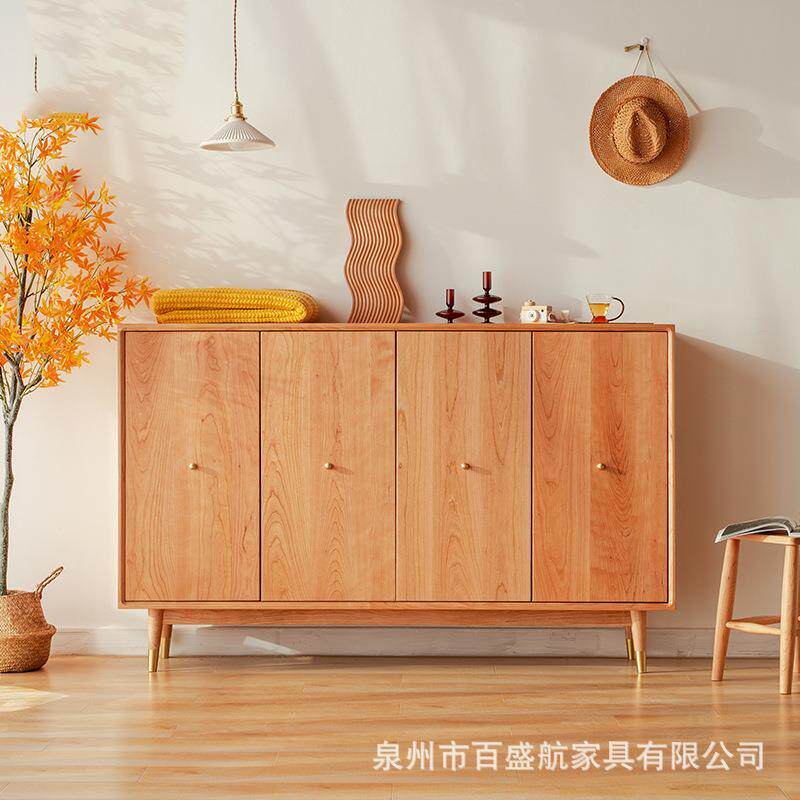 北欧樱桃木鞋柜家用简约四门实木庭院门口多层收纳置物北欧风