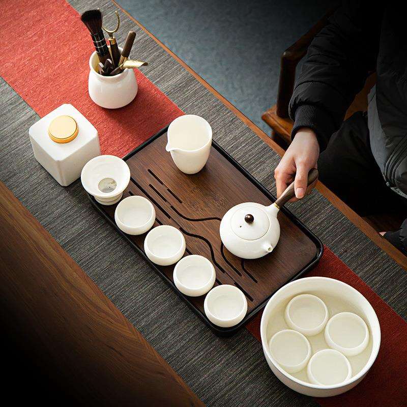 高端汉白玉瓷茶具德化家用简约羊脂玉瓷盖碗白瓷侧把茶壶茶杯陶瓷