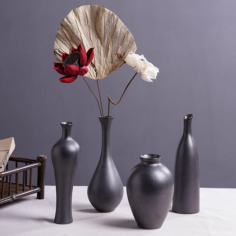 陶瓷小花瓶景德镇黑色玉静禅意插花干花装饰复古茶桌水培花器摆件