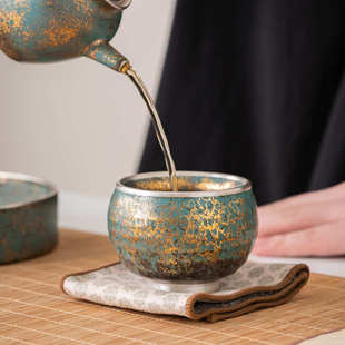 个人专用主人杯品茗杯 常青釉金银彩杯子总裁杯陶瓷茶杯纯手工日式