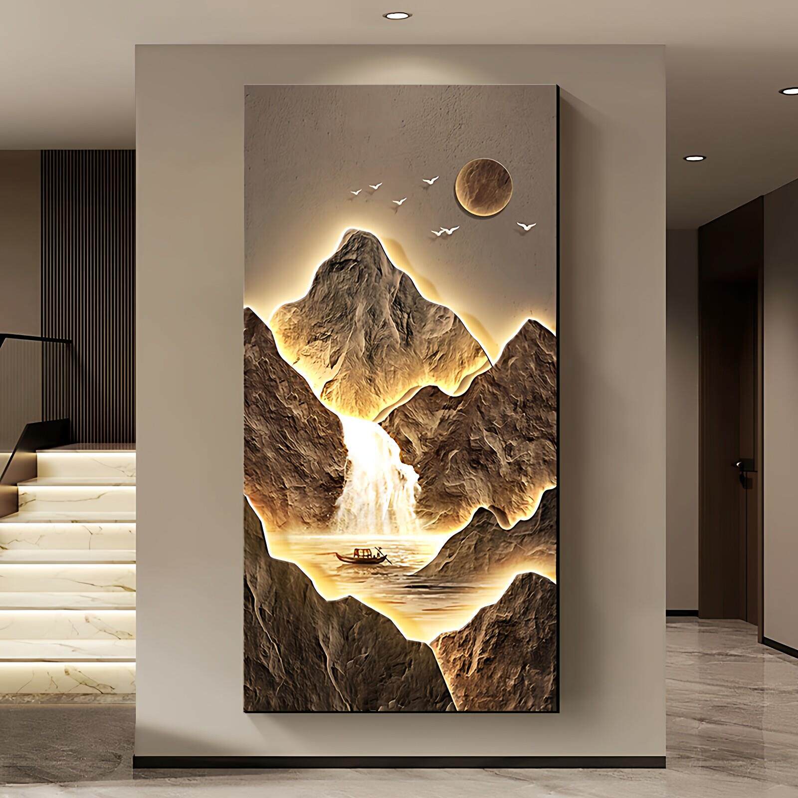 聚宝盆山水画玄关装饰画竖版灯画高级感入户正对门画走廊过道挂画
