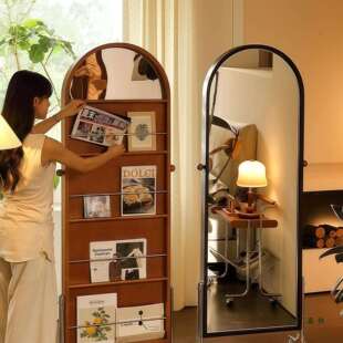 实木穿衣镜家用落地全身镜旋转杂志收纳一体可移动中复古风试衣镜