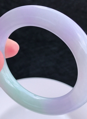 缅甸翡翠紫罗兰春彩手镯翡翠A货女款绿圆镯内径55圆条手镯81.42g