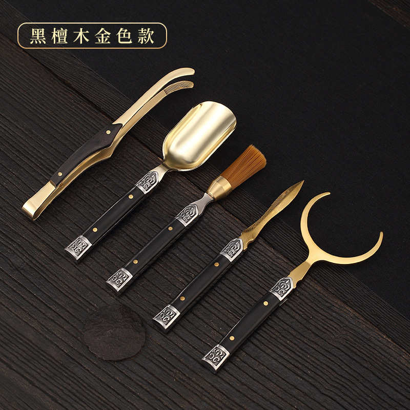 黄铜黑檀木功夫茶具配件套装 茶勺茶夹茶道6六君子 茶刀泡茶工具