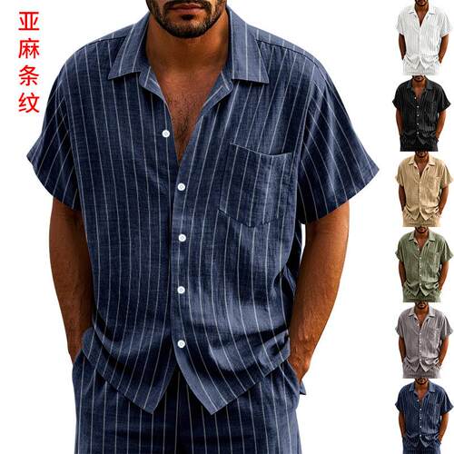 Men's Casual Trendy Short Sleeve Linen Henley Shirt, Breatha