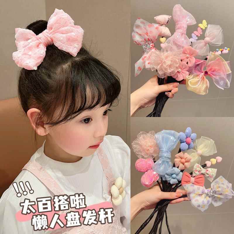 簪子丸子头盘发杆蝴蝶结2025年新款头饰女童儿童盘发发饰网纱发饰