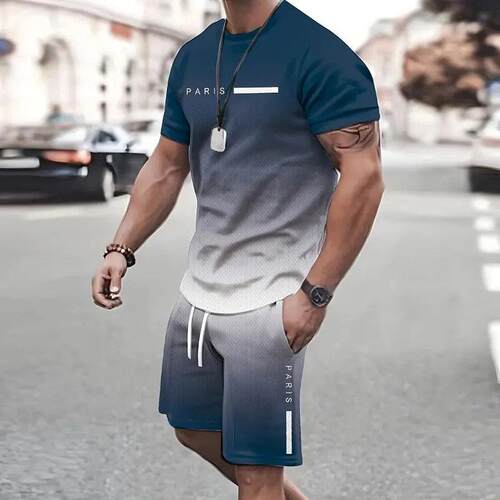 Men's Summer Short Sleeve Tropical Gradient Print Set