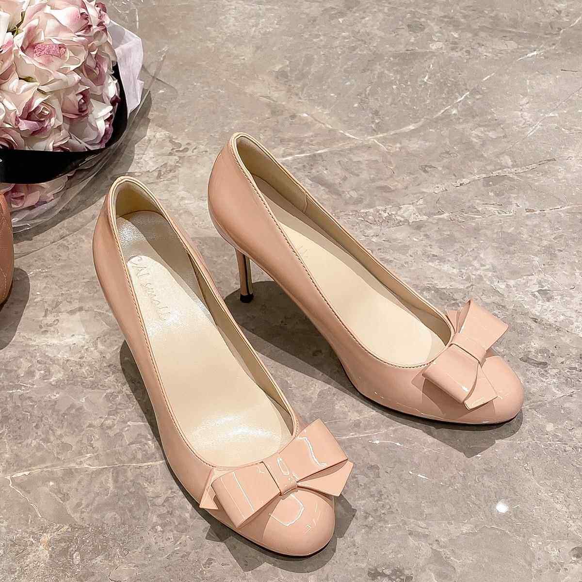 2026春秋浅口裸色圆头高跟鞋女细跟晚会气质婚鞋百搭蝴蝶结单鞋定